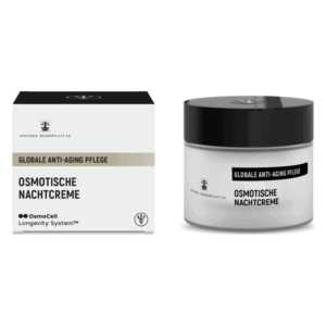 Verpackung und Glasbehälter einer osmotischen Nachtcreme für globale Anti-Aging Pflege, mit schwarzem Deckel und auffälligem Design.