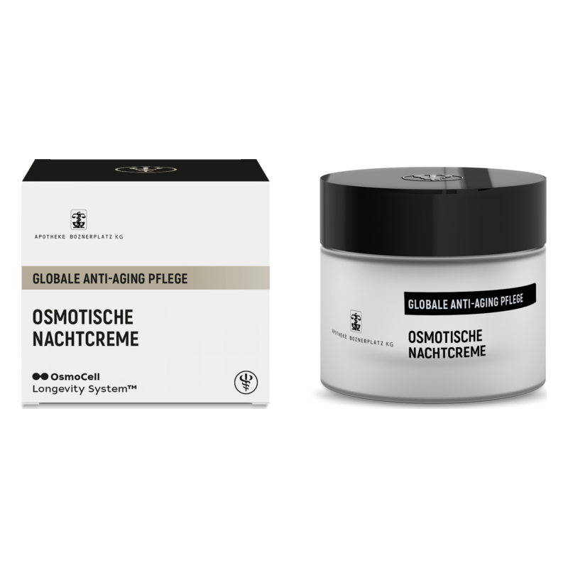 Verpackung und Glasbehälter einer osmotischen Nachtcreme für globale Anti-Aging Pflege, mit schwarzem Deckel und auffälligem Design.