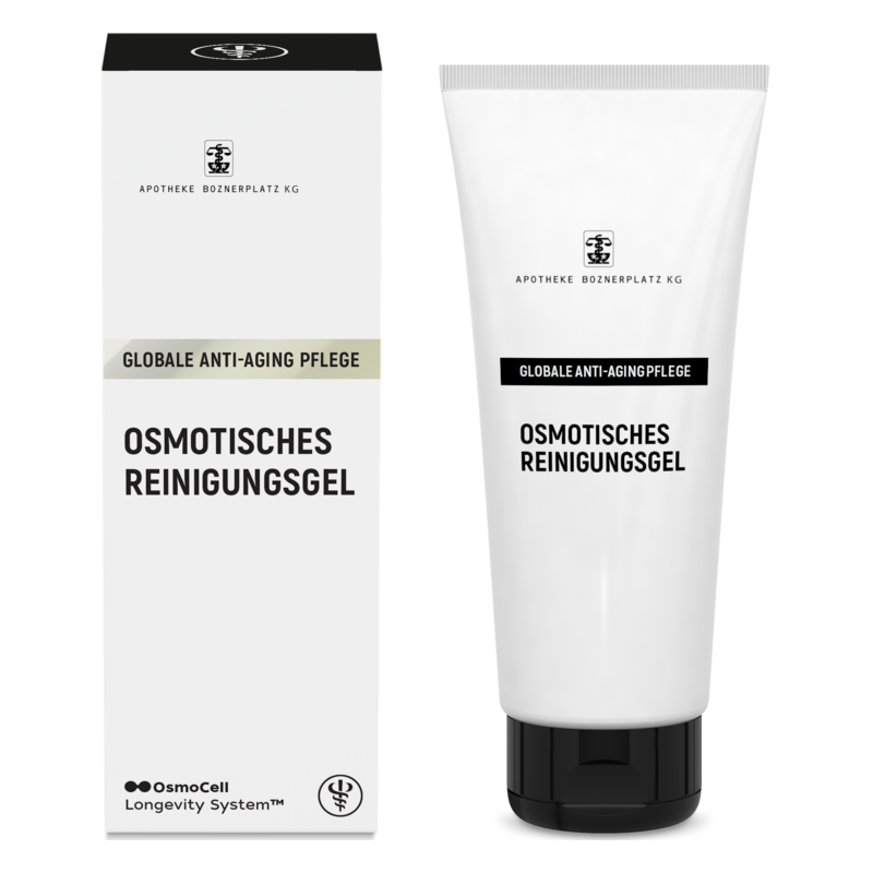 Weißes Reinigungsgel in einer Tube neben einer Verpackung mit dem Aufdruck "Globale Anti-Aging Pflege".