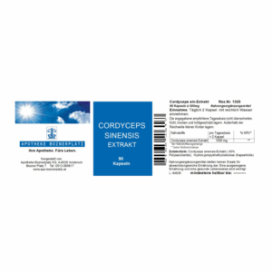 Verpackung des Cordyceps sinensis Extrakts mit Angaben zu Dosierung und Inhaltsstoffen, farbige Etikette.