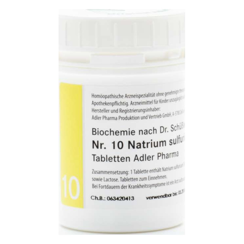 Runddose mit homöopathischen Tabletten, beschriftet mit "Nr. 10 Natrium sulfuricum" und Hinweisen zur Anwendung.