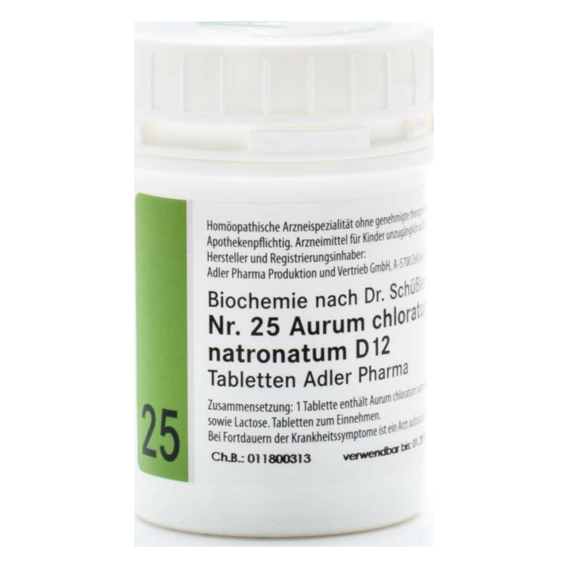 Weißer Fläschchen mit grünem Etikett, enthält homöopathische Tabletten mit Aurum chloratum natronatum D12.