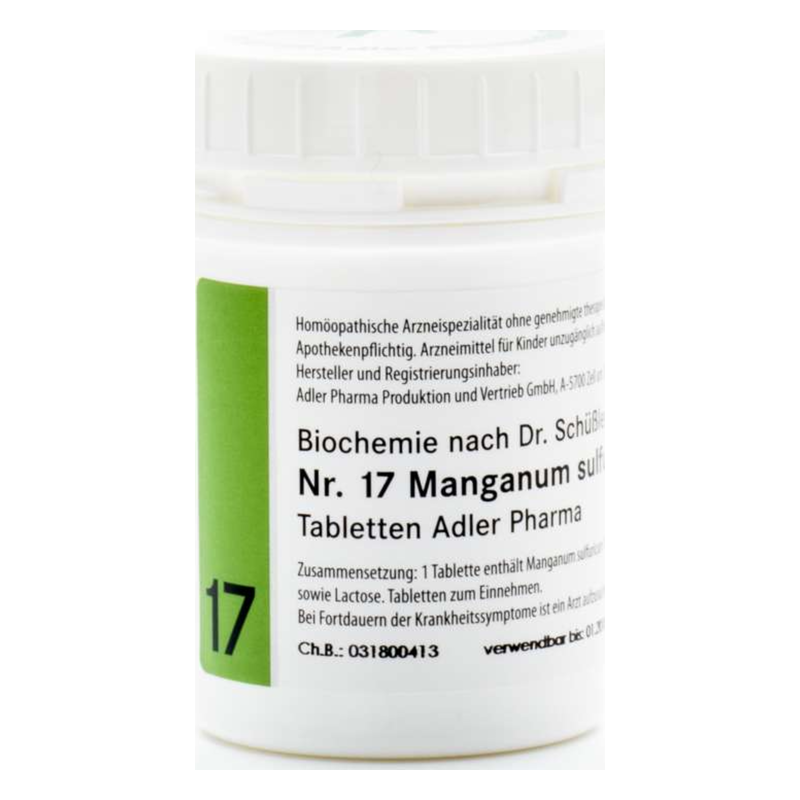 Runde, weiße Flasche mit einem grünen Etikett, die homöopathische Mangansulfat-Tabletten enthält. Auf dem Etikett sind Dosierungshinweise und Herstellerinformationen angegeben.