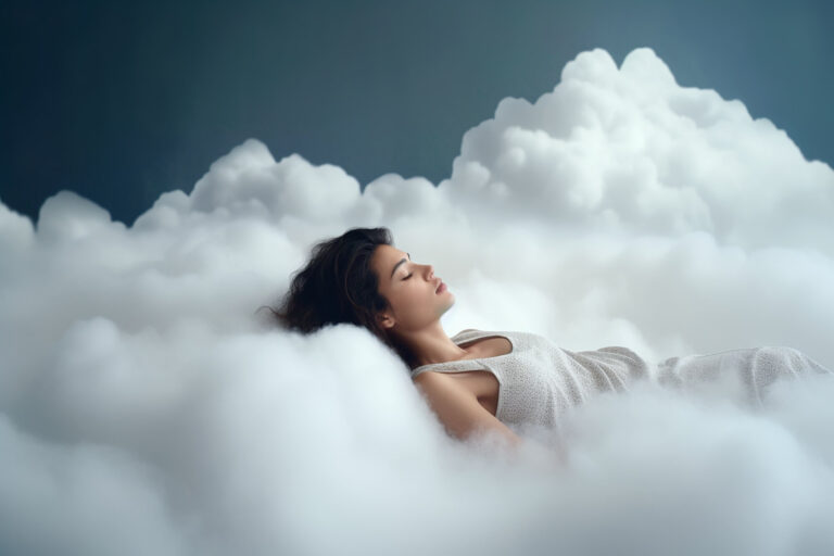 Frau in einem weißen Kleid, die entspannt auf weichen, grauen Wolken liegt, mit geschlossenen Augen und einem friedlichen Ausdruck.