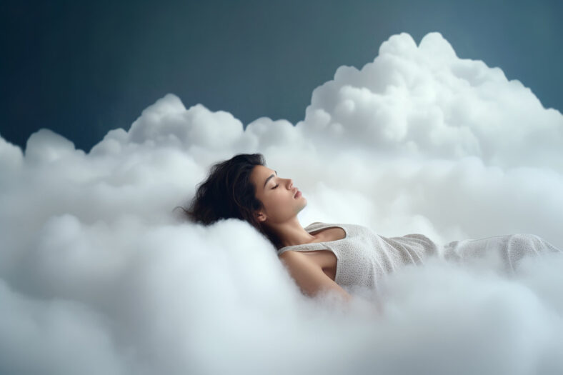 Frau in einem weißen Kleid, die entspannt auf weichen, grauen Wolken liegt, mit geschlossenen Augen und einem friedlichen Ausdruck.