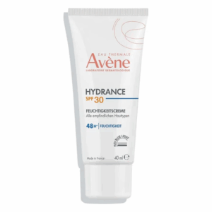 Hydratisierende Feuchtigkeitscreme von Avène in einer weißen Tube mit SPF 30, 40 ml Inhalt.