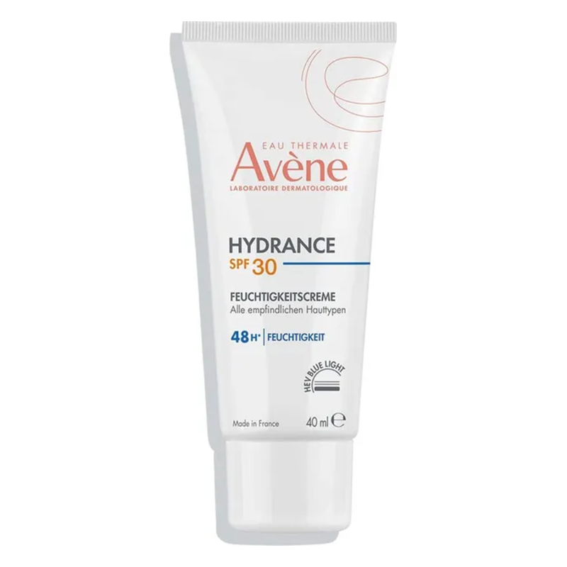 Hydratisierende Feuchtigkeitscreme von Avène in einer weißen Tube mit SPF 30, 40 ml Inhalt.