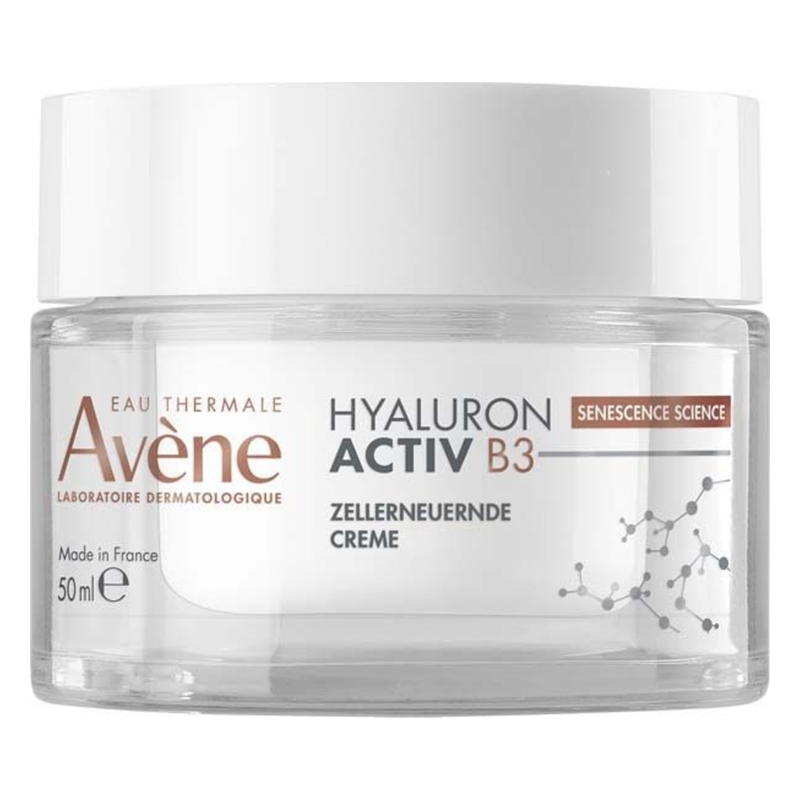 Hyaluroncreme in einem glasklaren Tiegel mit weißem Deckel, beschriftet mit "Avène Hyaluron Activ B3".