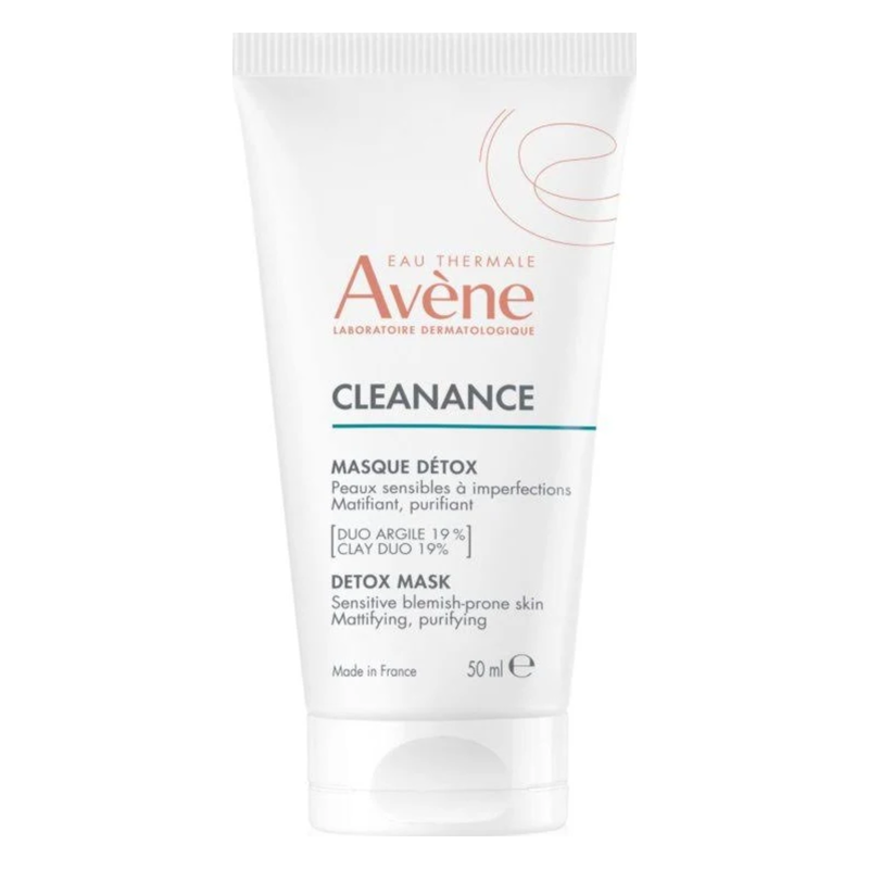 Verpackung einer Detox-Gesichtsmaske von Avène, 50 ml, zur Mattierung und Reinigung für empfindliche Haut.