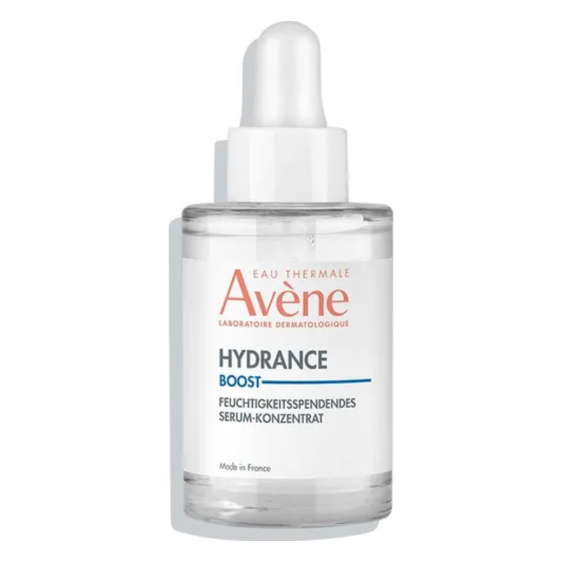 Transparente Flasche mit Pipette, enthält feuchtigkeitsspendendes Serum von Avène, bezeichnet als Hydrance Boost.