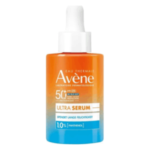 Flasche mit orangefarbenem Serum von Avène, 50+ UV-Schutz und feuchtigkeitsspendenden Eigenschaften, mit Pipette. 