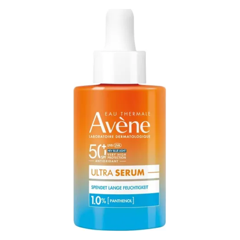 Flasche mit orangefarbenem Serum von Avène, 50+ UV-Schutz und feuchtigkeitsspendenden Eigenschaften, mit Pipette.