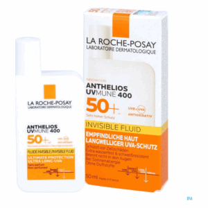 Sonnenschutzmittel von La Roche-Posay in einer weißen Flasche mit orangefarbenem Etikett, 50 ml, für empfindliche Haut.