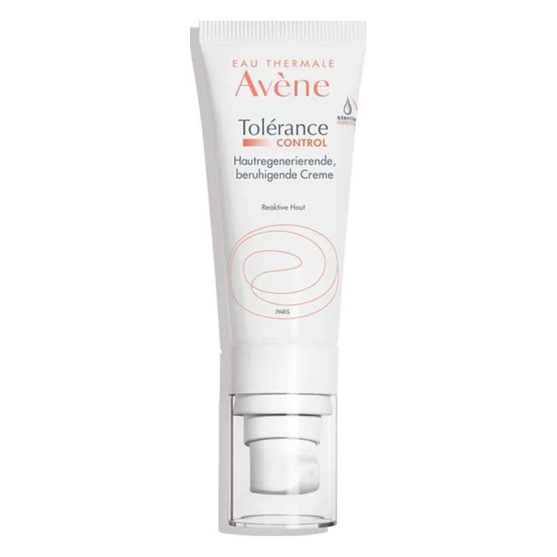 Tubus mit pumpbarer Hautcreme von Avène für reaktive Haut, mit beruhigender Formel und klarer Beschriftung.