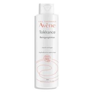 Flasche mit Avène Toleranz Reinigungs lotion für Gesicht und Augen, geeignet für empfindliche Haut.