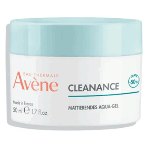 Runddose mit mattierendem Aqua-Gel von Avène, blauer Deckel, 50 ml Inhalt, abgebildet auf hellem Hintergrund.