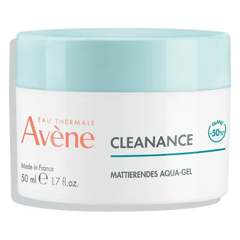 Runddose mit mattierendem Aqua-Gel von Avène, blauer Deckel, 50 ml Inhalt, abgebildet auf hellem Hintergrund.