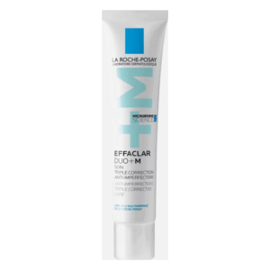 Ein schlanker, weißer Tubus mit blauen Akzenten, beschriftet mit "Effaclar Duo+M" von La Roche-Posay, für Hautpflege.