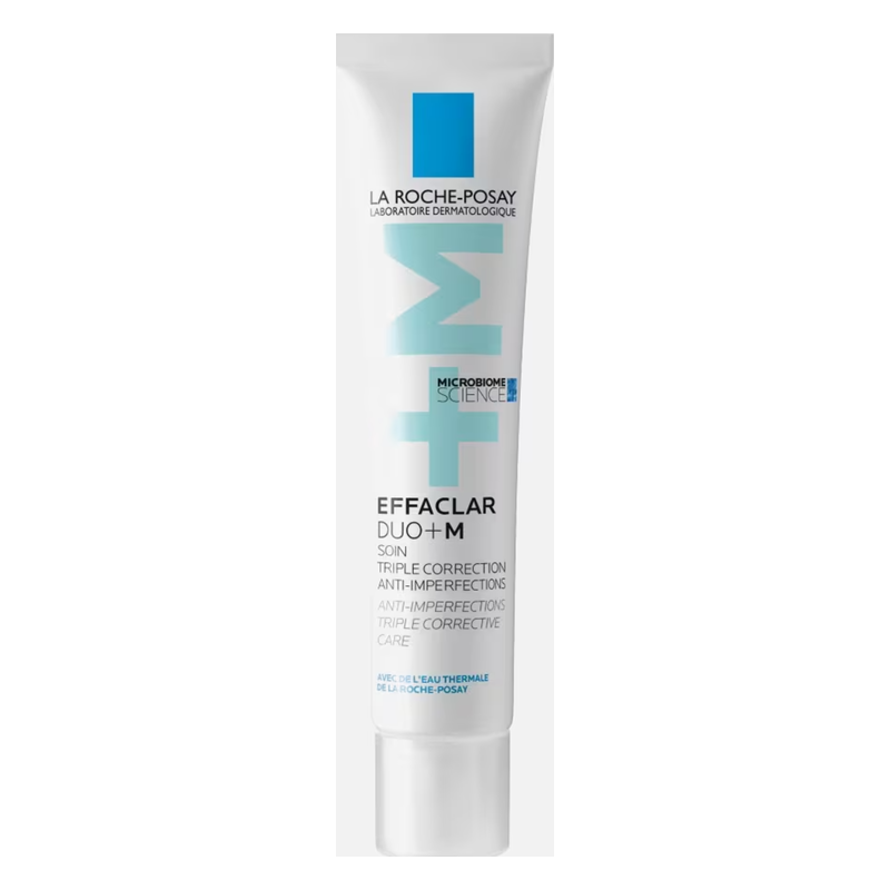 Ein schlanker, weißer Tubus mit blauen Akzenten, beschriftet mit "Effaclar Duo+M" von La Roche-Posay, für Hautpflege.