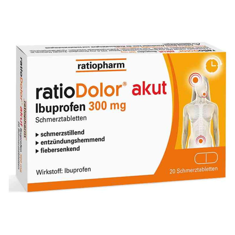Verpackung von ratioDolor akut Ibuprofen 300 mg Schmerztabletten mit Hinweisen zu den Wirkungen und Anwendungsgebieten.