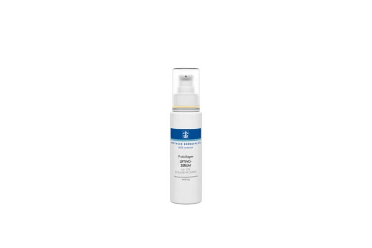Flasche Prokollagen Lifting-Serum mit 10% Kollagenkomplex, praktische Pumpvorrichtung, weißes Design mit blauer Schrift.