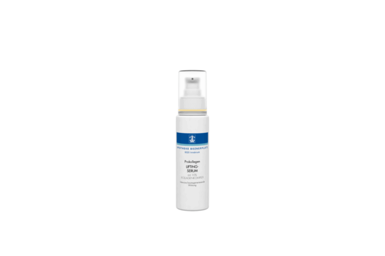 Flasche Prokollagen Lifting-Serum mit 10% Kollagenkomplex, praktische Pumpvorrichtung, weißes Design mit blauer Schrift.