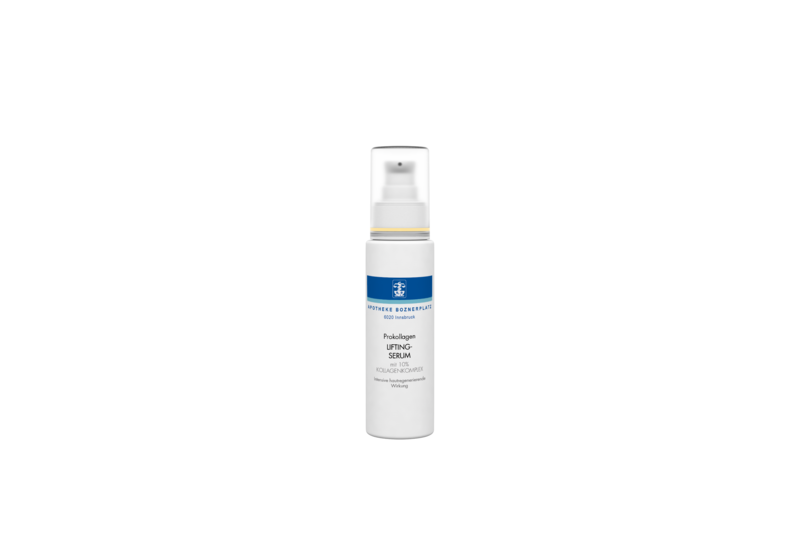 Flasche Prokollagen Lifting-Serum mit 10% Kollagenkomplex, praktische Pumpvorrichtung, weißes Design mit blauer Schrift.