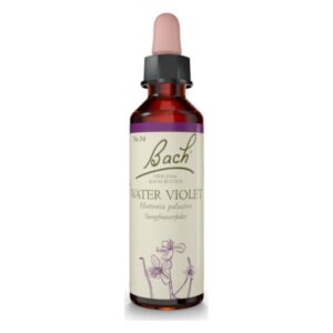Flasche mit Bachblütenmittel "Water Violet". Braune Glasflasche mit Tropfer, lila und beige Etikett.