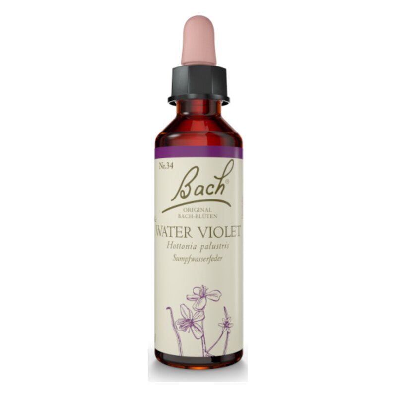 Flasche mit Bachblütenmittel "Water Violet". Braune Glasflasche mit Tropfer, lila und beige Etikett.