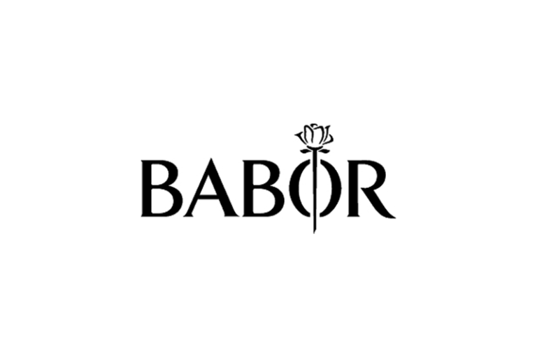 Logo von BABOR; Schriftzug mit stilisierter Rose und einem Zepter.