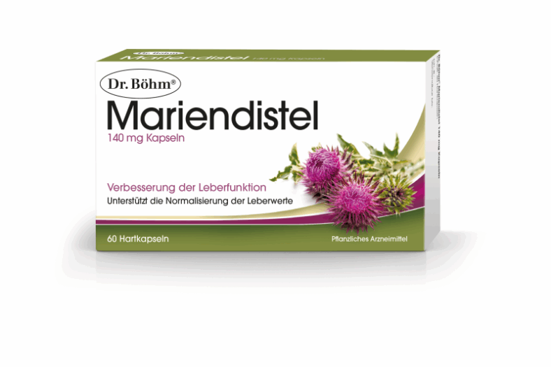 Packung mit Mariendistel-Kapseln zur Verbesserung der Leberfunktion, ausgestattet mit Pflanzlichem Arzneimittelhinweis.