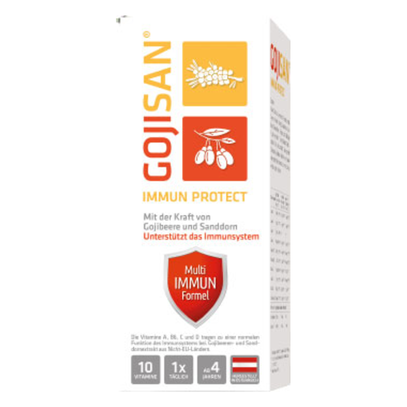 Verpackung von Gojisan Immun Protect mit Gojibeeren und Sanddorn zur Unterstützung des Immunsystems
