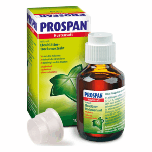 Flasche Prospan Hustensaft mit einem weißen Deckel, umgeben von einer Verpackung mit grünen und gelben Akzenten.