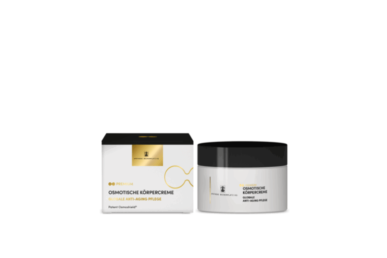 Osmotische Körpercreme in einem eleganten Glasbehälter, verpackt in einer ansprechenden Box, beide mit goldenen Akzenten.