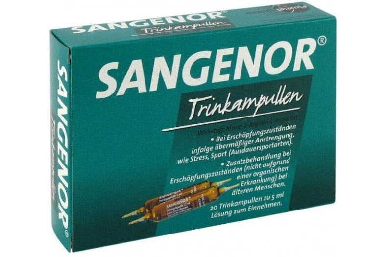 Verpackung von SANGENOR Trinkampullen zur Unterstützung bei Erschöpfungszuständen, mit 20 Ampullen.