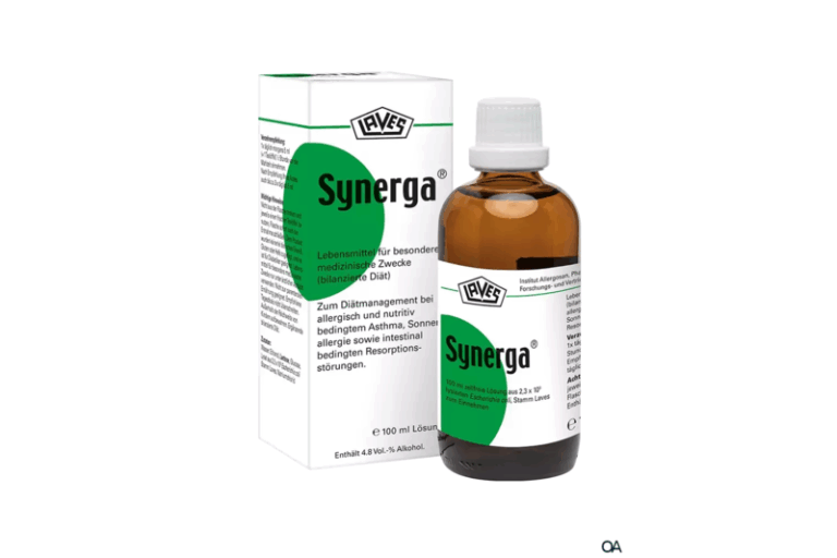 Braune Flasche mit weißer Kappe und grün-weißer Verpackung für das Produkt Synerga, diätetisches Lebensmittel.